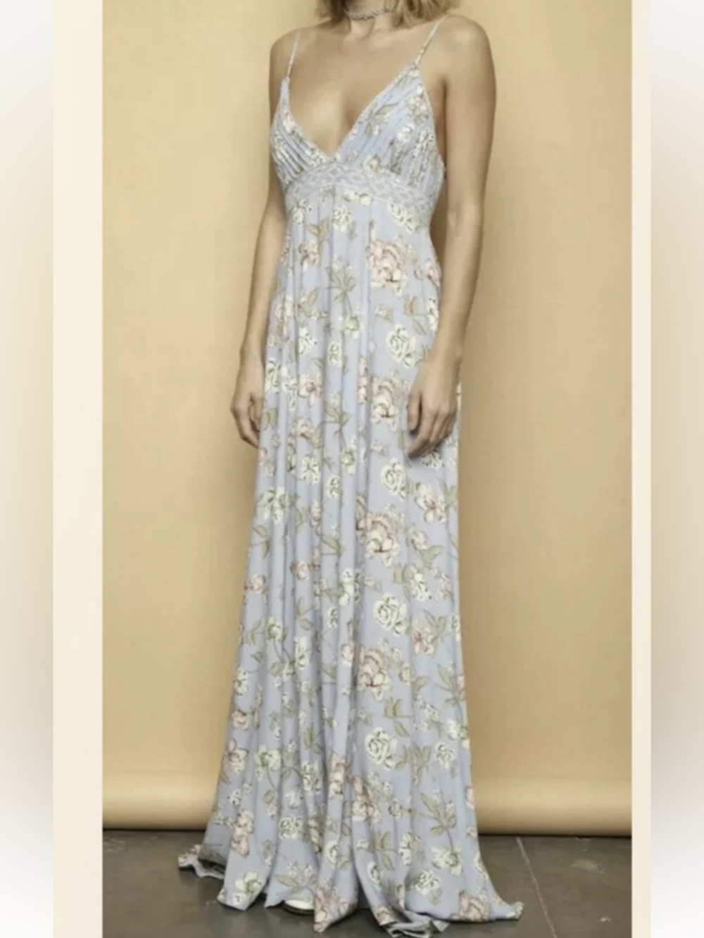 Cotton candy Floral Light Blue V-Neck Maxi Dress with double slits and open back